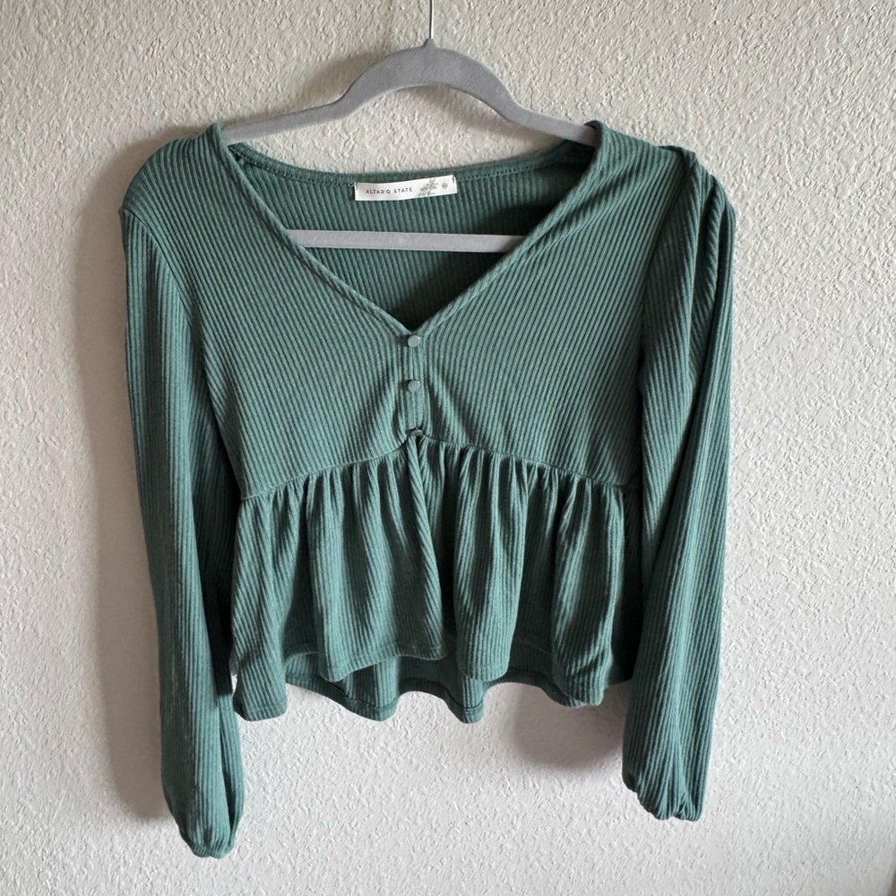 Altar'd State Green Peplum Buttoned Blouse